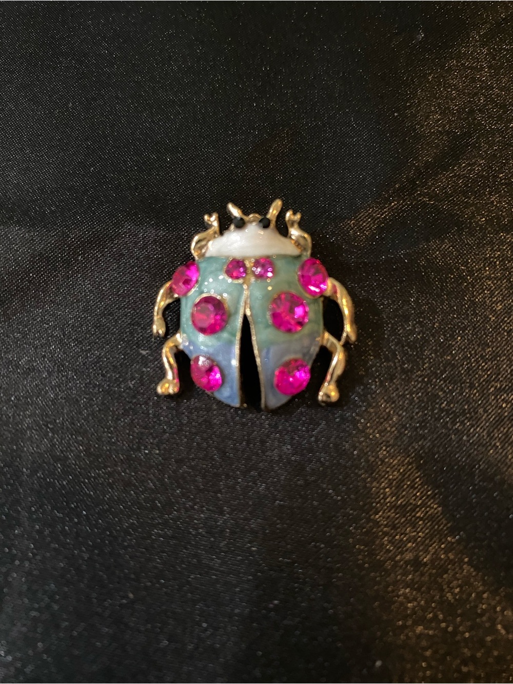 Gold-Tone Enamel Ladybug or Beetle Brooch with Pink Rhinestones